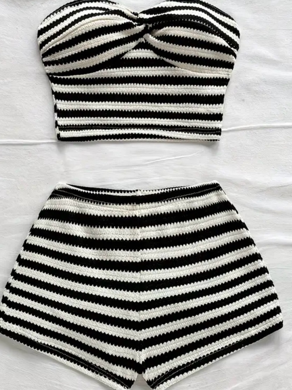 Black & White Striped Crochet Two-Piece Set